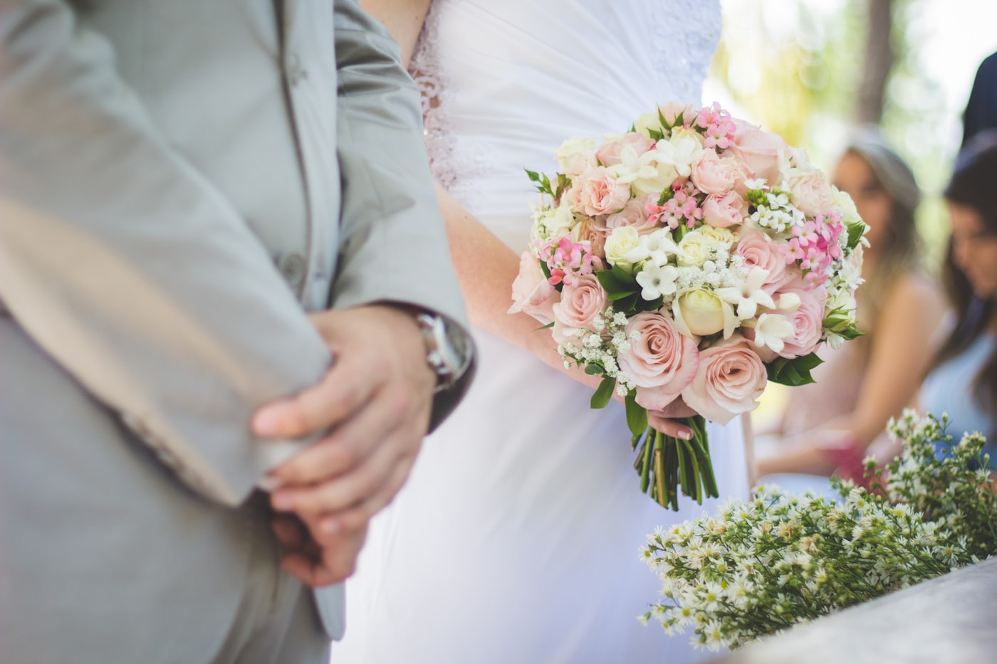 A bouquet held before the ceremony